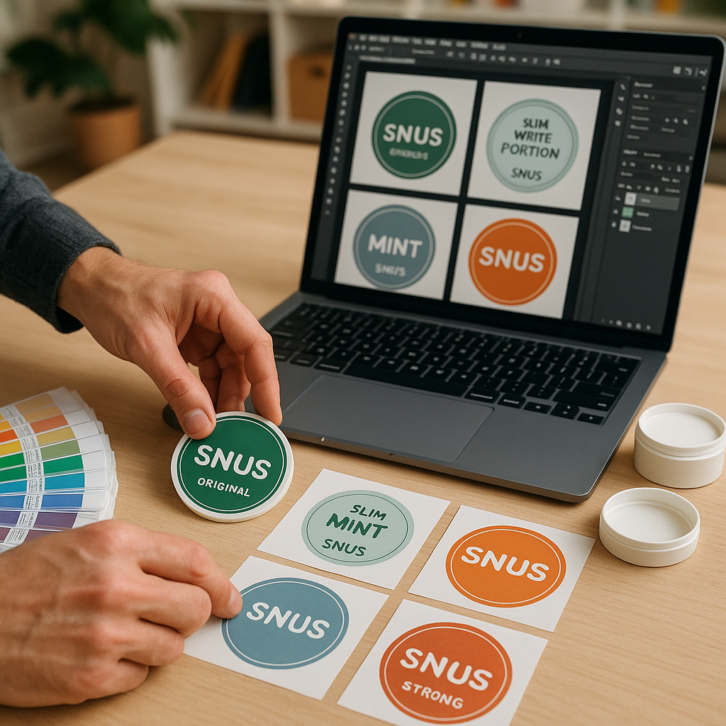 Gävle A closeup top down shot on a designer's hands while arranging different snus can liddesigns on a large worktable. The table is a kaleidoscope of creativity, with color swatches, a laptop displaying packaging design software and several physical products samples. There is nothing except natural light flooding through a creative studio, reflecting the collaborative and meticulous brand design process as a whole.