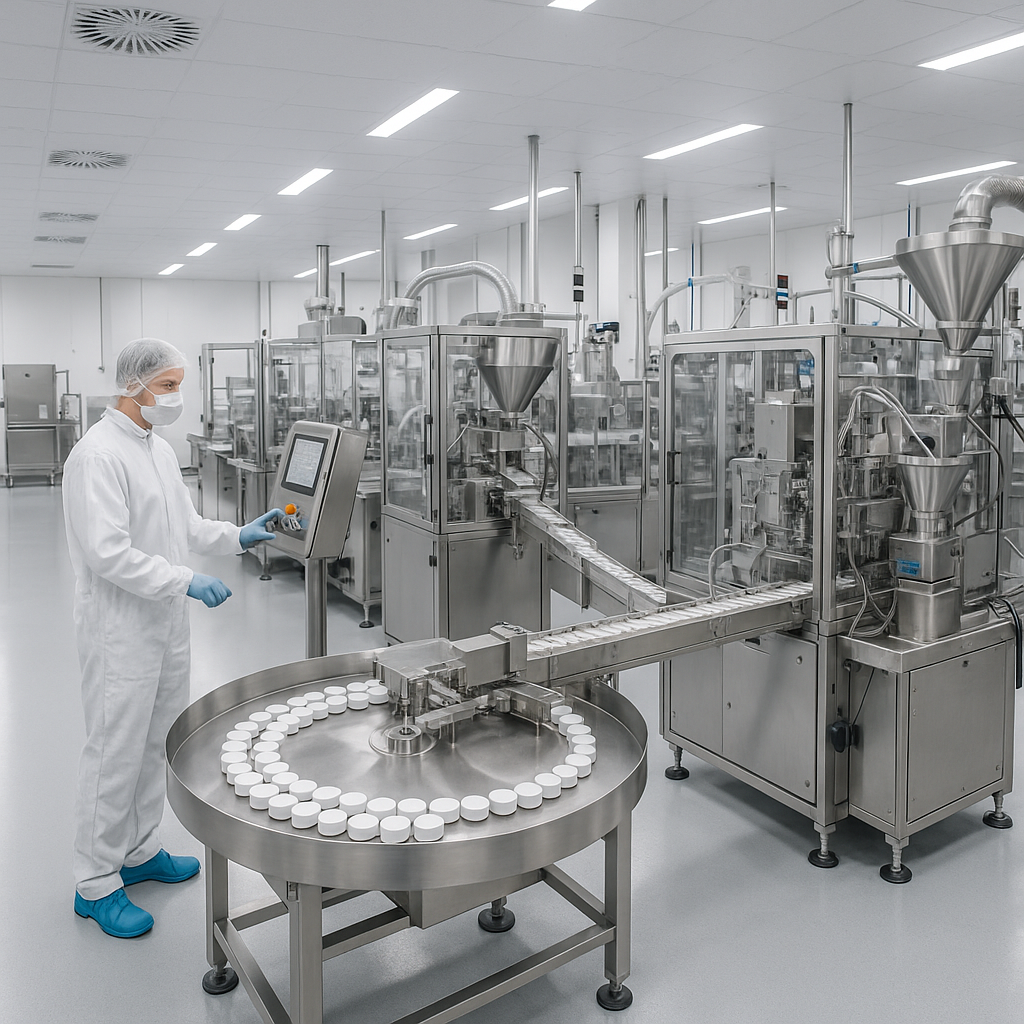 A wide angled shot that shows the dimensions and meticulousness of a perfect, modern snus production. The shining silver steel equipment is constructed on a robotic line, and a technician in a sterile clean room outfit is monitoring the process. The environment is over lit, suggesting clean efficiency and state of the art quality control in manufacturing.