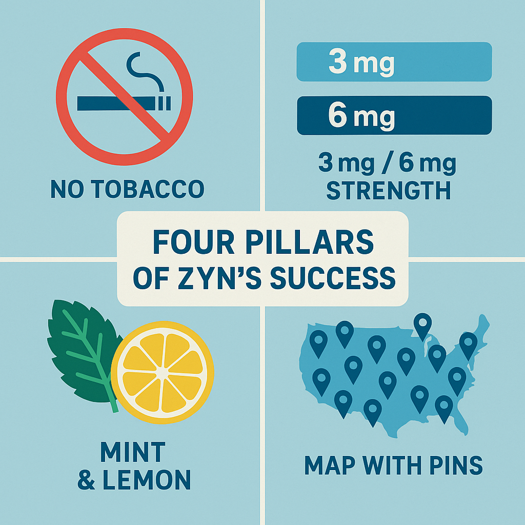An infographic-style image divided into four quadrants. Quadrant 1 shows a green leaf with a 'no tobacco' symbol. Quadrant 2 shows two simple bars labeled '3mg' and '6mg'. Quadrant 3 shows icons of a mint leaf and a lemon slice. Quadrant 4 shows a simple map with many location pins, representing wide distribution. Clean, corporate design.