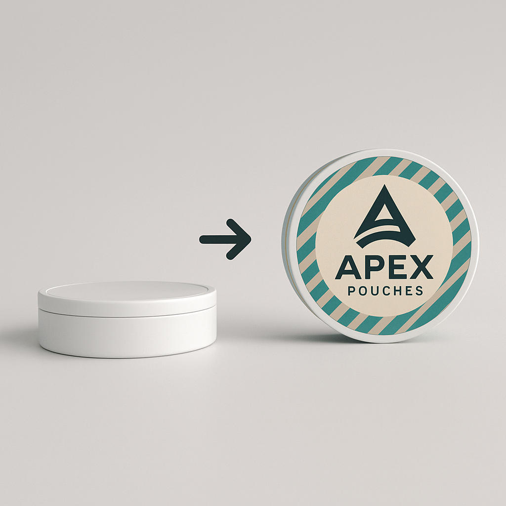 A dynamic image showing a plain white nicotine pouch can on the left, with an arrow pointing to the right where the can is transformed, now featuring a sleek, custom logo and design for a brand named 'Apex Pouches'. The background is a modern, clean workshop setting.