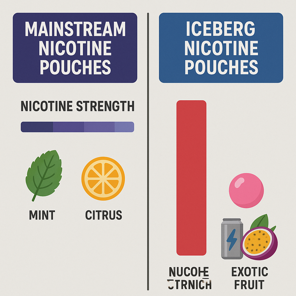 Infographic comparing mainstream nicotine pouches with low strength to Iceberg pouches with high strength and bold flavors.