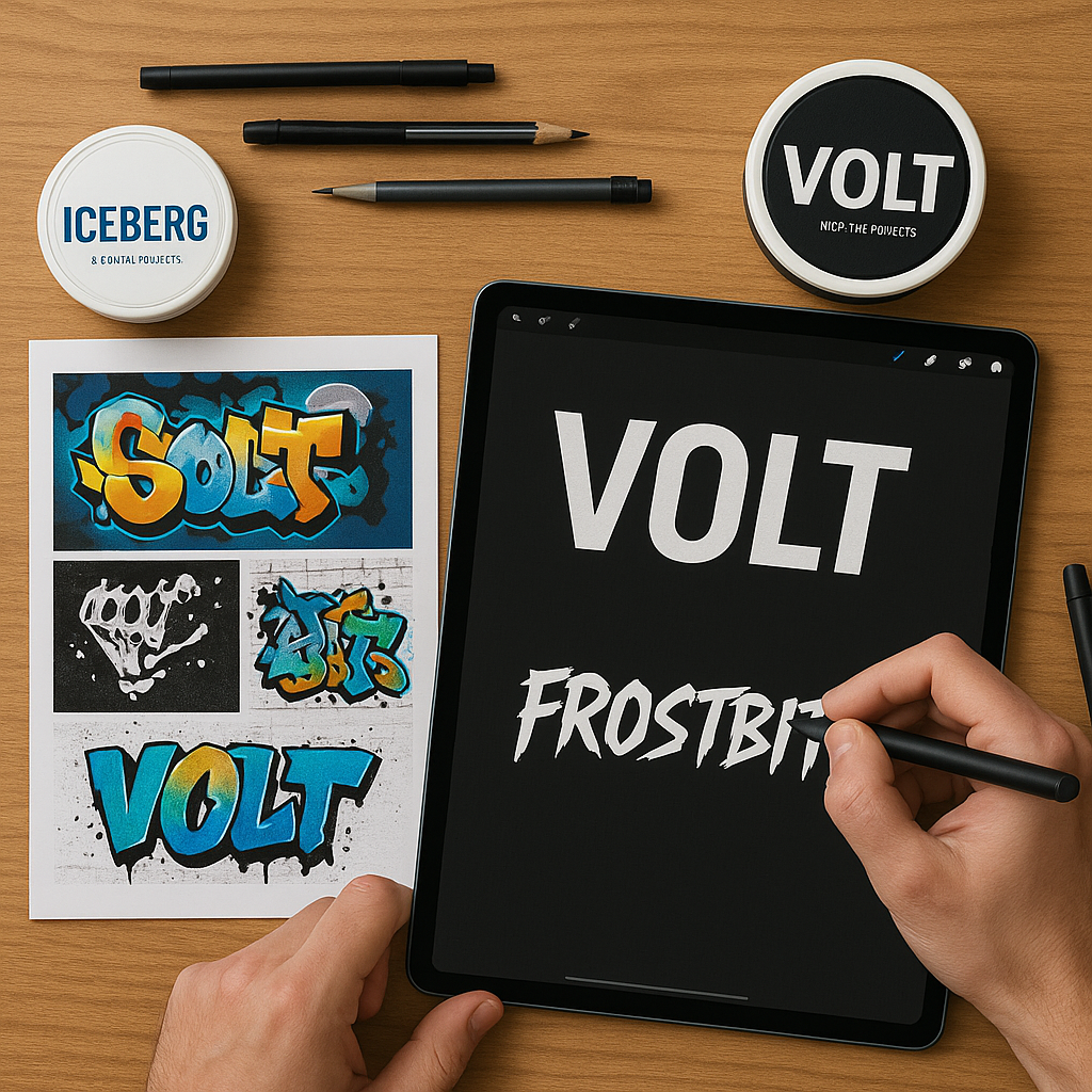 A designer's desk showing the process of creating a new, edgy private label nicotine pouch brand.