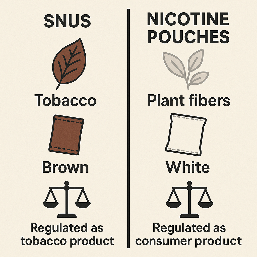 Infographic comparing snus and nicotine pouches across key features.